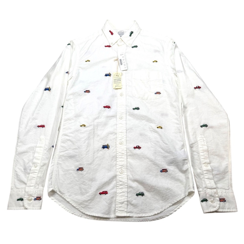 J.Crew Oxford Cloth Shirt Men XS White Car Embroidery Slim Fit NWT G4742
